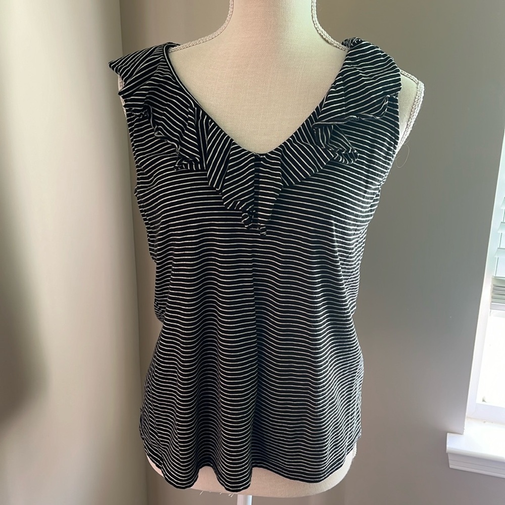 Ralph Lauren Black White Striped Sleeveless Ruffle V Neck Top w Neck/Waist Tie